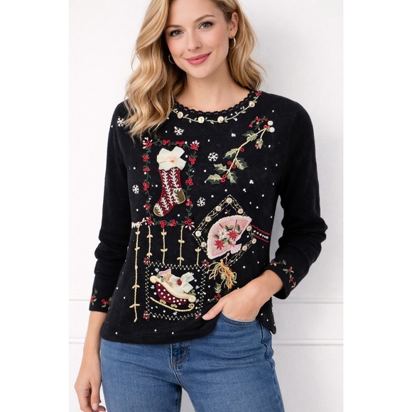 Victoria Jones Woman Sweaters - Victoria Jones Fall VTG Embroidered Ugly Christmas Sweater Beaded Woman S